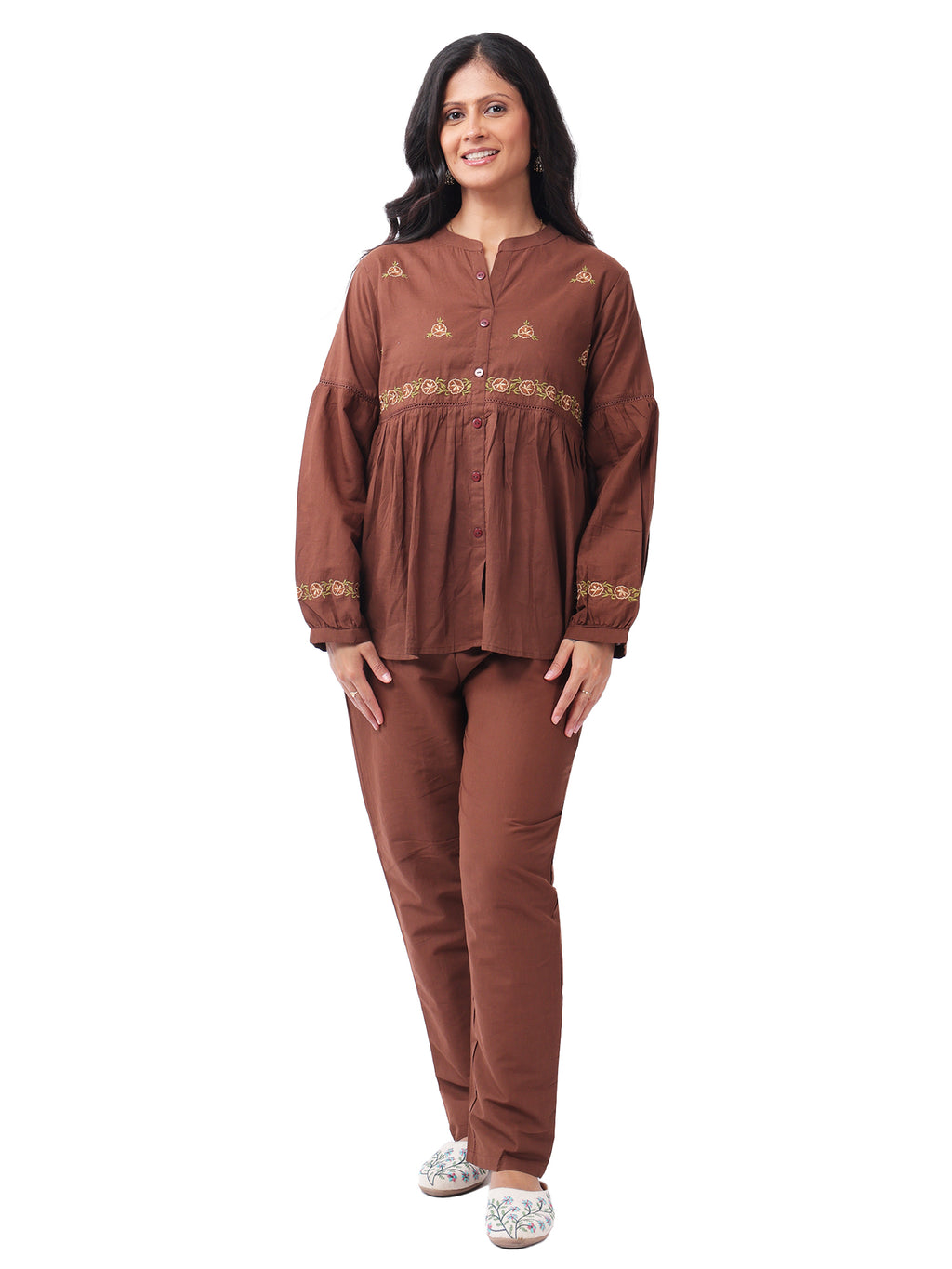 Fash'O'Holic Women's Premium Coffee Brown Embroidered Cotton Co-ord Set