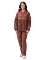 Fash'O'Holic Women's Premium Coffee Brown Embroidered Cotton Co-ord Set