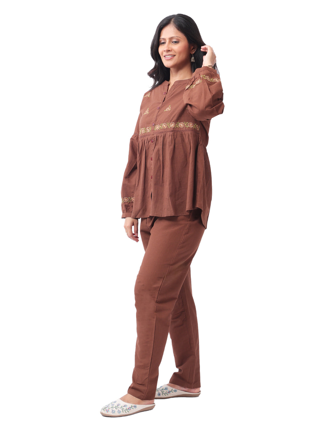 Fash'O'Holic Women's Premium Coffee Brown Embroidered Cotton Co-ord Set