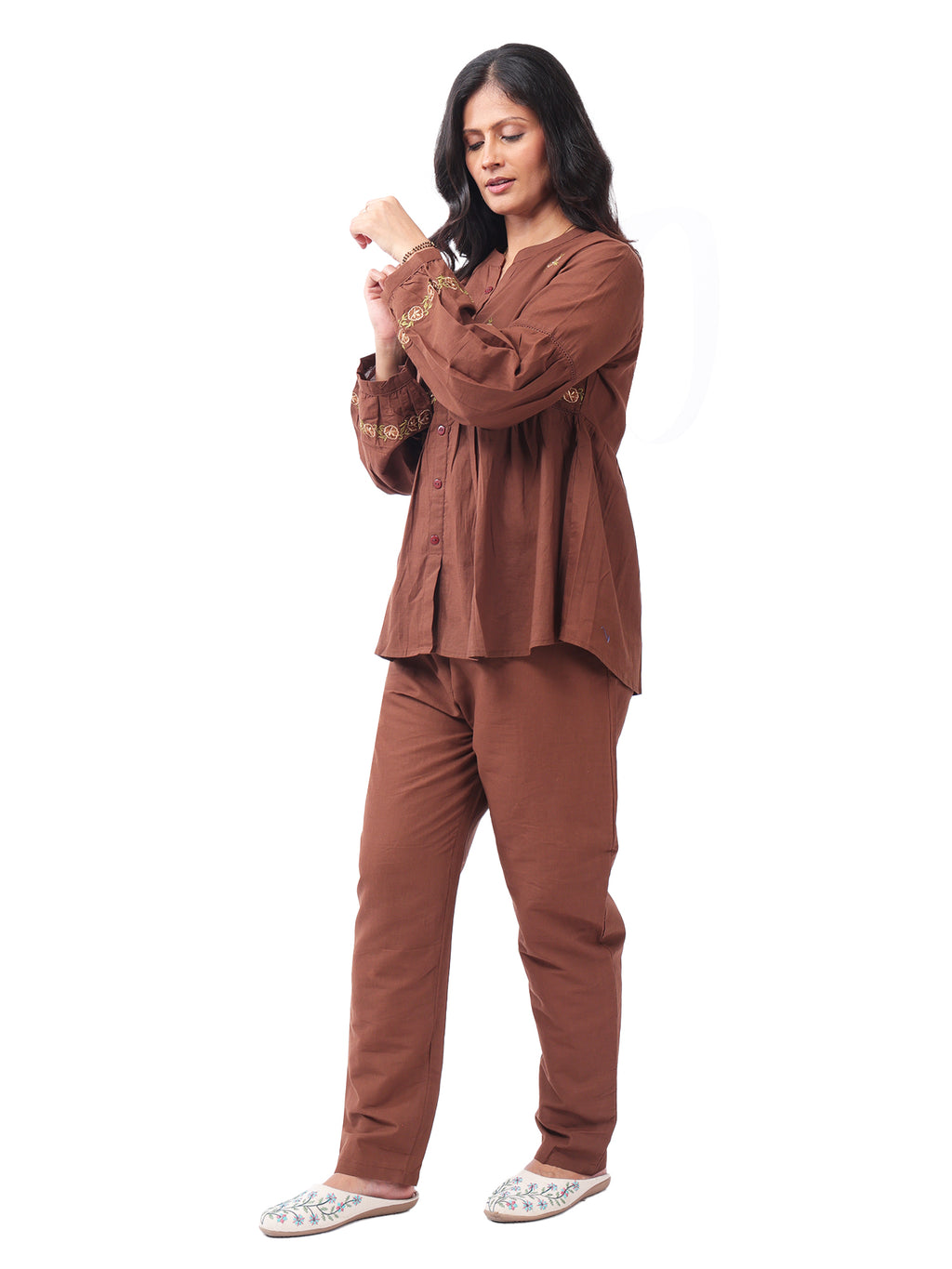 Fash'O'Holic Women's Premium Coffee Brown Embroidered Cotton Co-ord Set