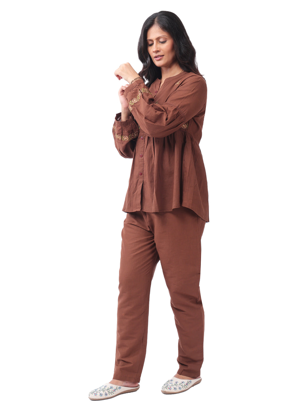 Fash'O'Holic Women's Premium Coffee Brown Embroidered Cotton Co-ord Set