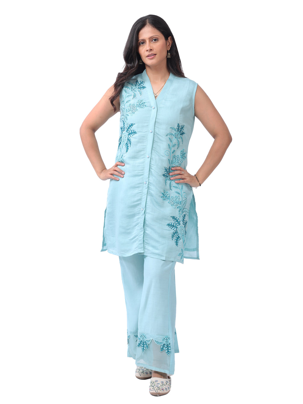 Sky Blue Floral Embroidered Kurta Pant Set