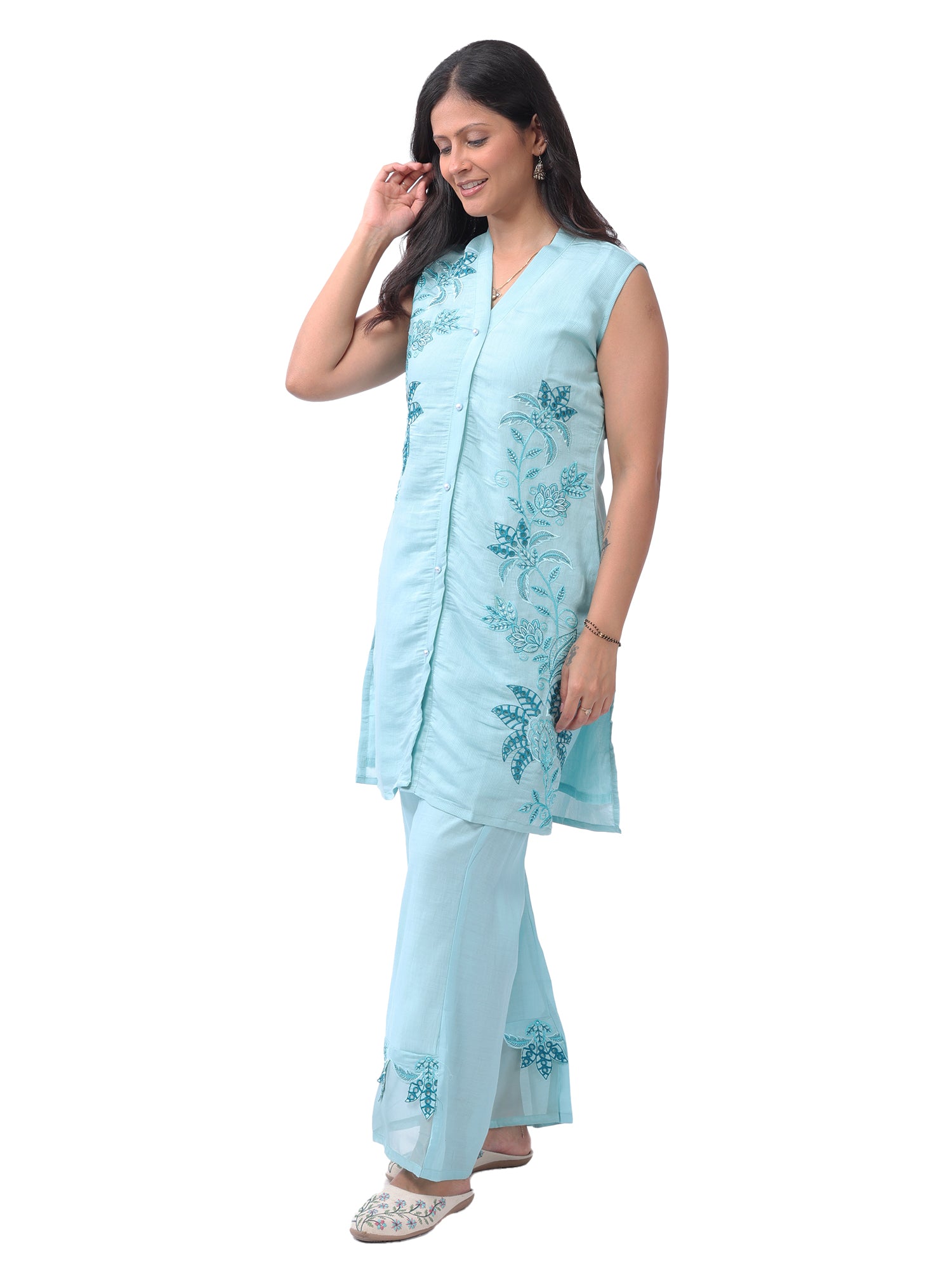 Sky Blue Floral Embroidered Kurta Pant Set