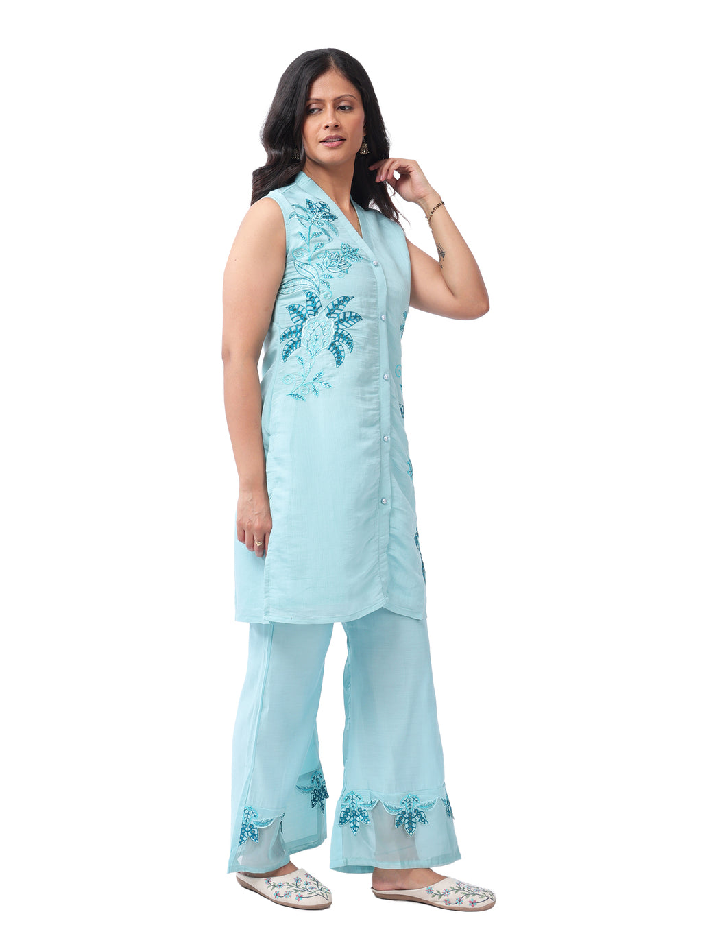 Sky Blue Floral Embroidered Kurta Pant Set