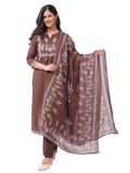 Brown Tribal Print Cotton Kurta Pant Set with Dupatta