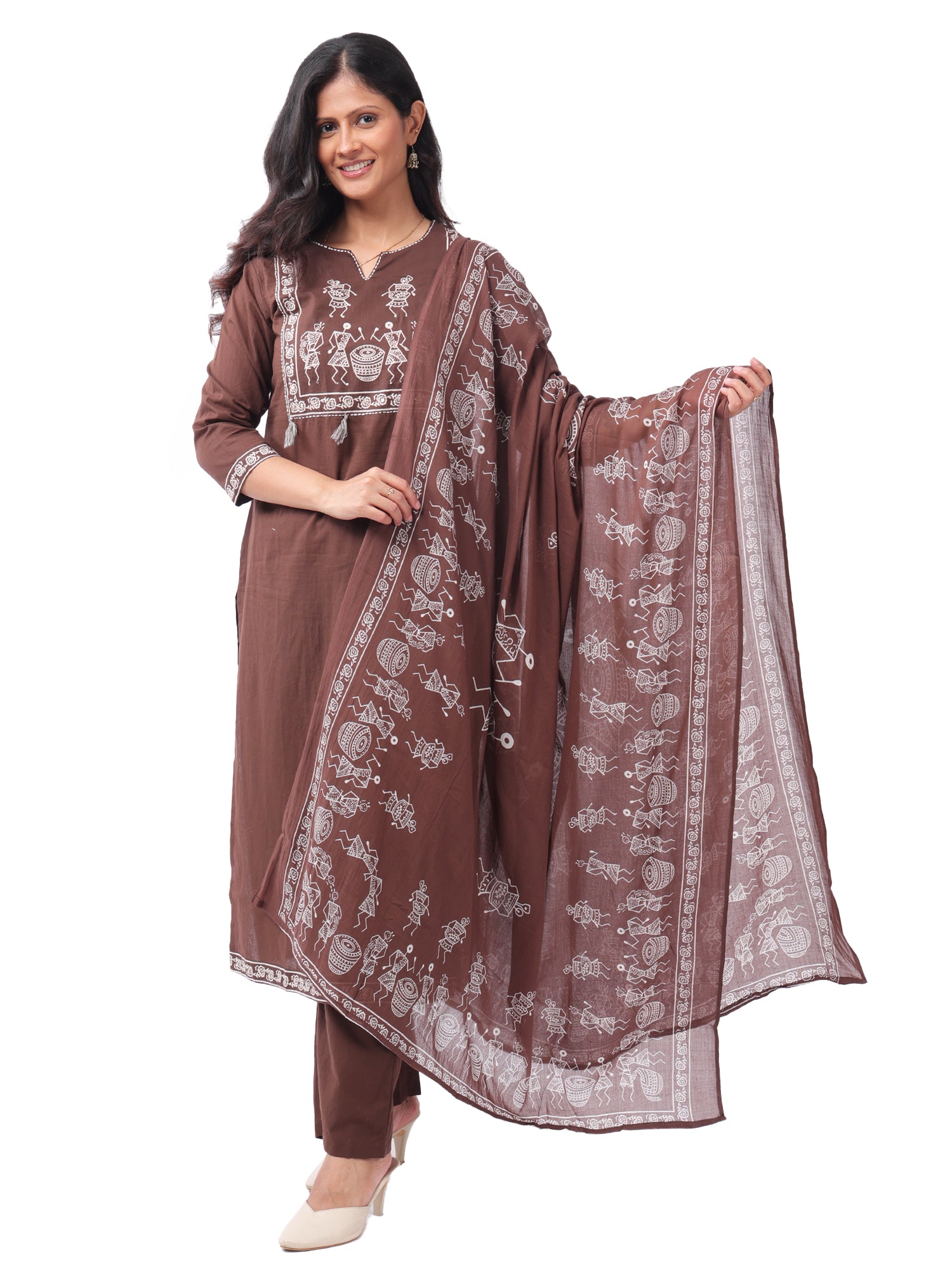 Brown Tribal Print Cotton Kurta Pant Set with Dupatta