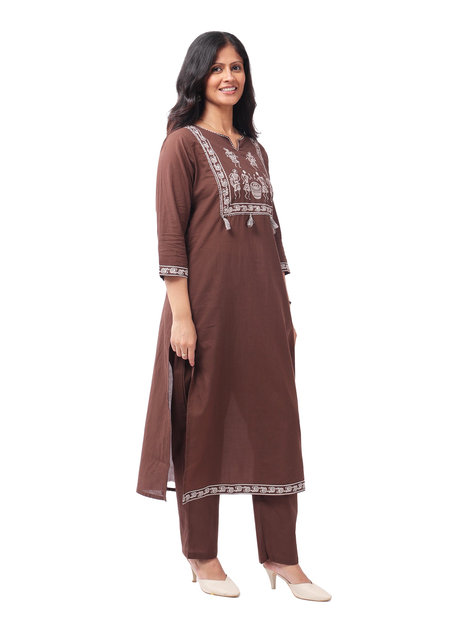 Brown Tribal Print Cotton Kurta Pant Set with Dupatta