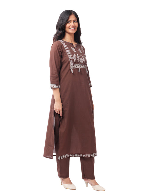 Brown Tribal Print Cotton Kurta Pant Set with Dupatta