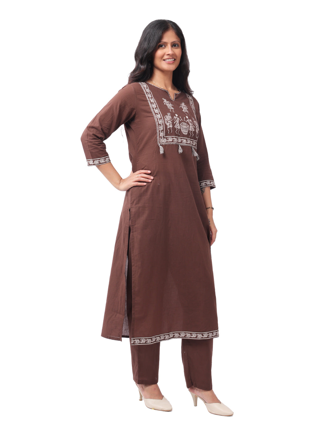 Brown Tribal Print Cotton Kurta Pant Set with Dupatta