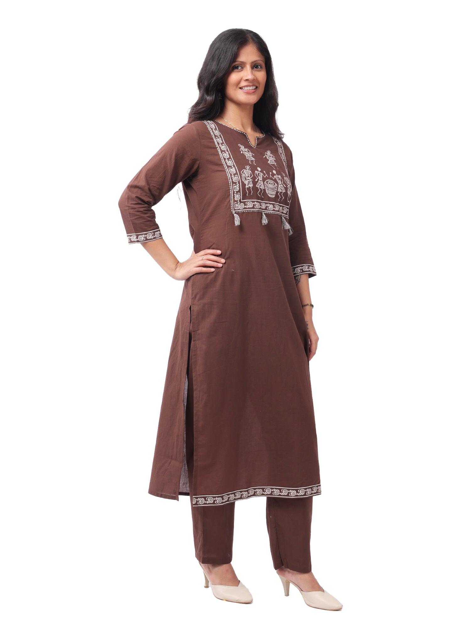 Brown Tribal Print Cotton Kurta Pant Set with Dupatta