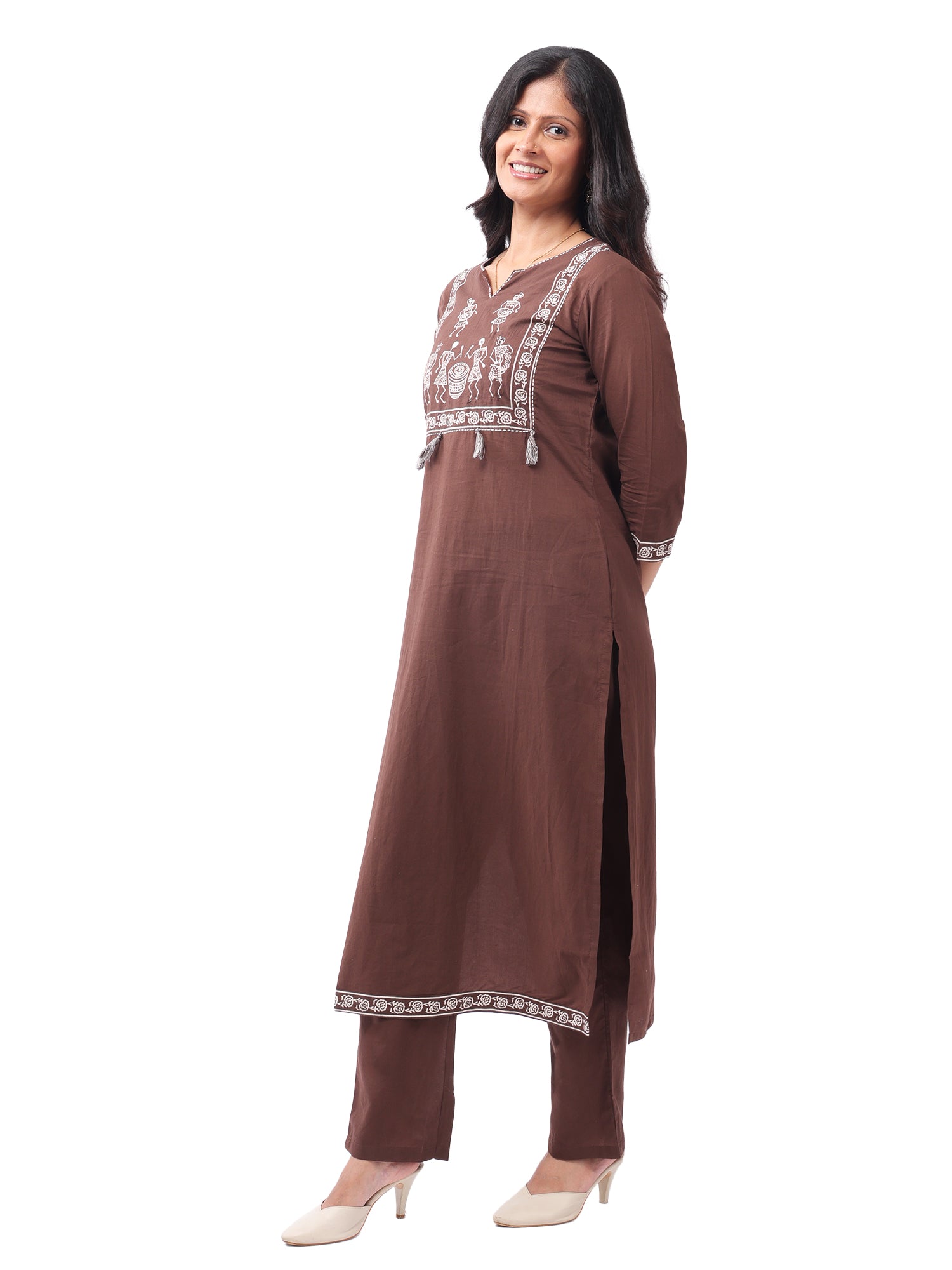 Brown Tribal Print Cotton Kurta Pant Set with Dupatta