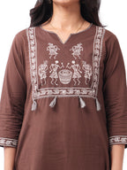 Brown Tribal Print Cotton Kurta Pant Set with Dupatta
