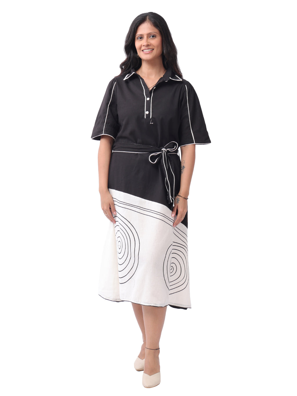 Fash'O'Holic Women's Monochrome Abstract Printed Rayon Midi Dress with Tie-Up Belt