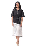 Fash'O'Holic Women's Monochrome Abstract Printed Rayon Midi Dress with Tie-Up Belt