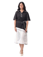 Fash'O'Holic Women's Monochrome Abstract Printed Rayon Midi Dress with Tie-Up Belt