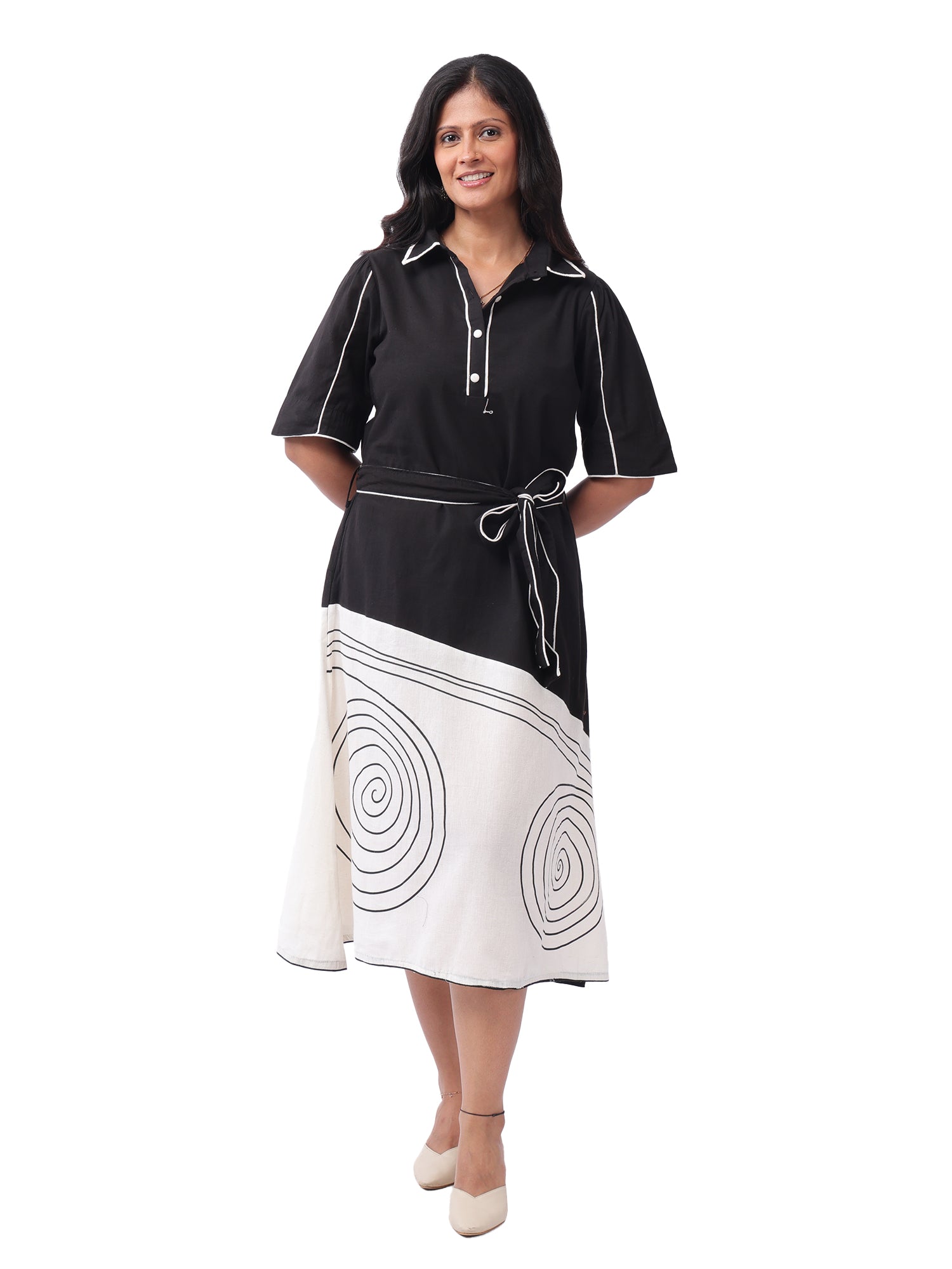 Fash'O'Holic Women's Monochrome Abstract Printed Rayon Midi Dress with Tie-Up Belt