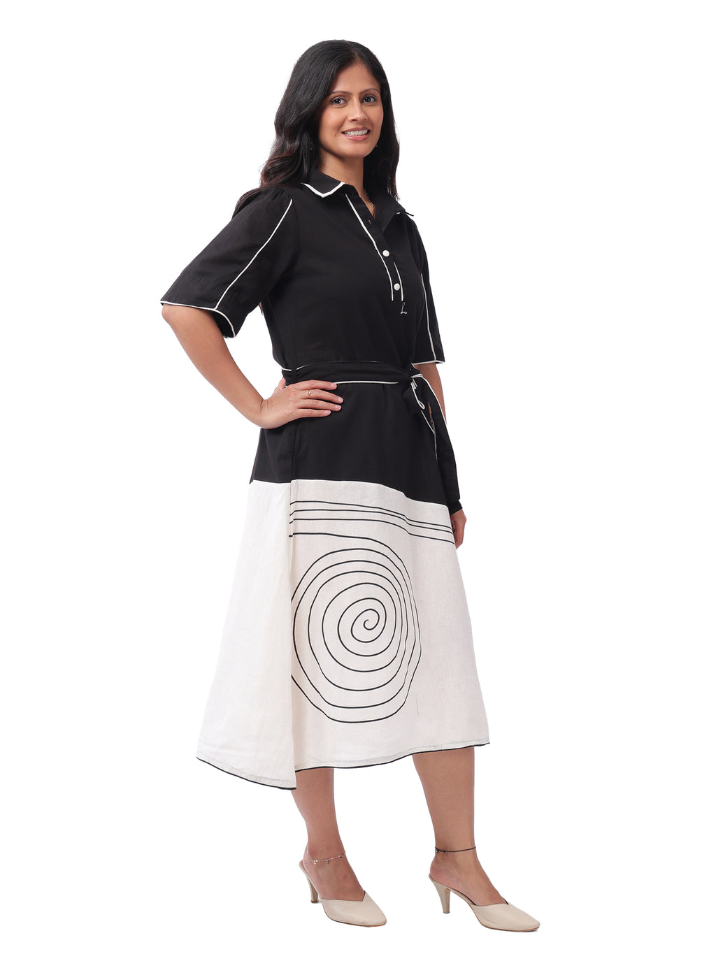 Fash'O'Holic Women's Monochrome Abstract Printed Rayon Midi Dress with Tie-Up Belt