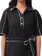 Fash'O'Holic Women's Monochrome Abstract Printed Rayon Midi Dress with Tie-Up Belt