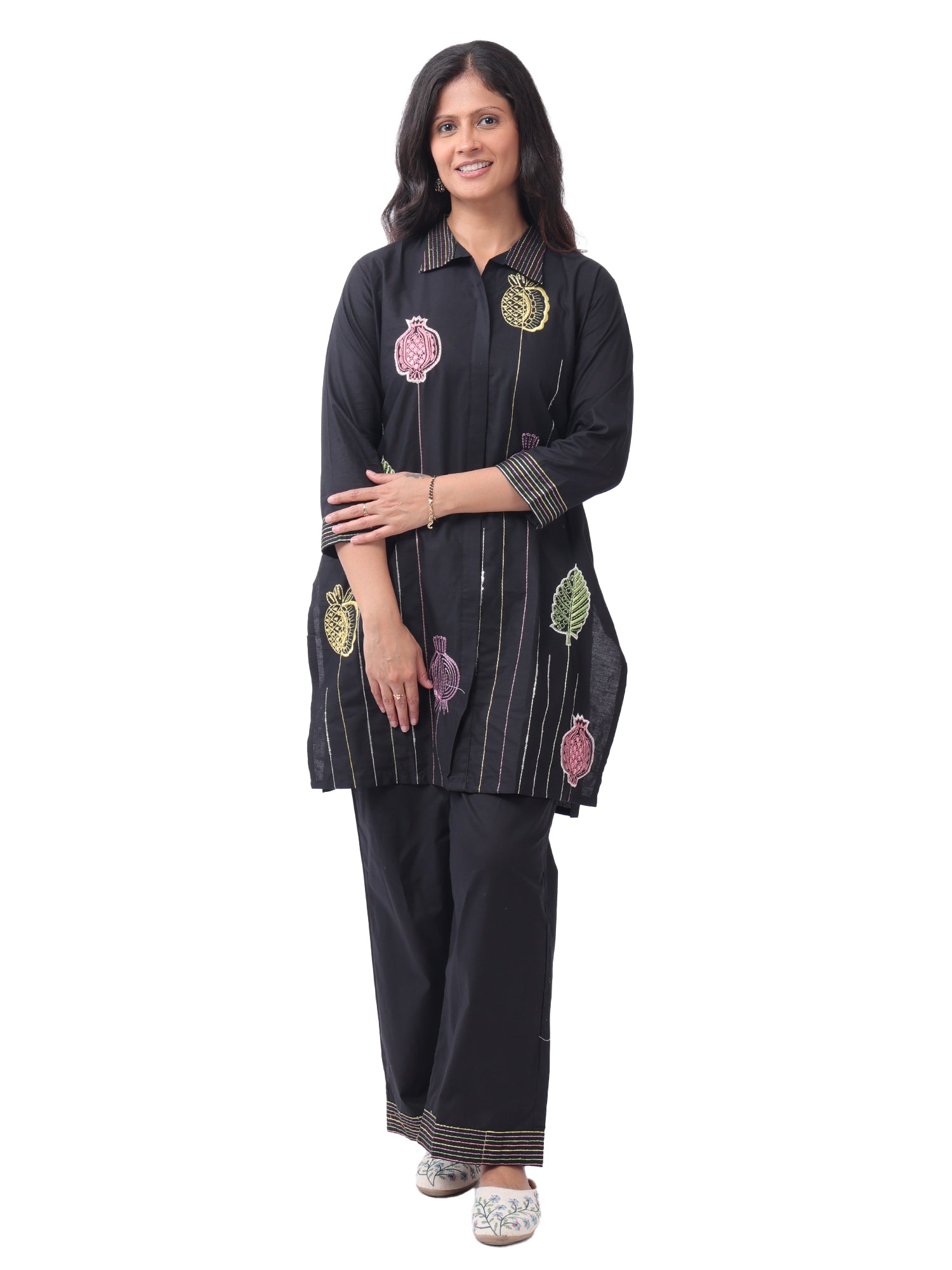 Women's Premium Cotton Printed Co-Ord Set | Collared Straight Kurta with Wide Leg Pants | Black