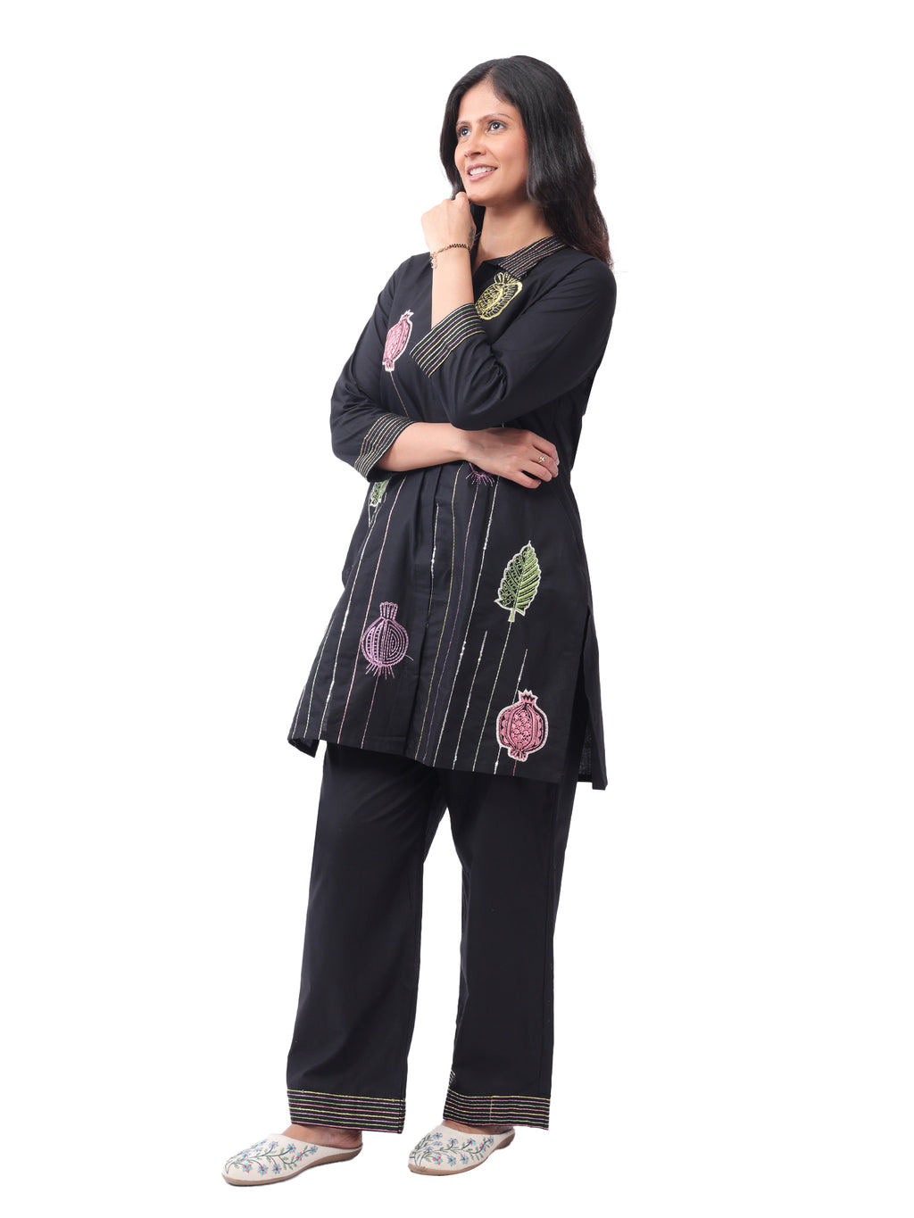 Women's Premium Cotton Printed Co-Ord Set | Collared Straight Kurta with Wide Leg Pants | Black