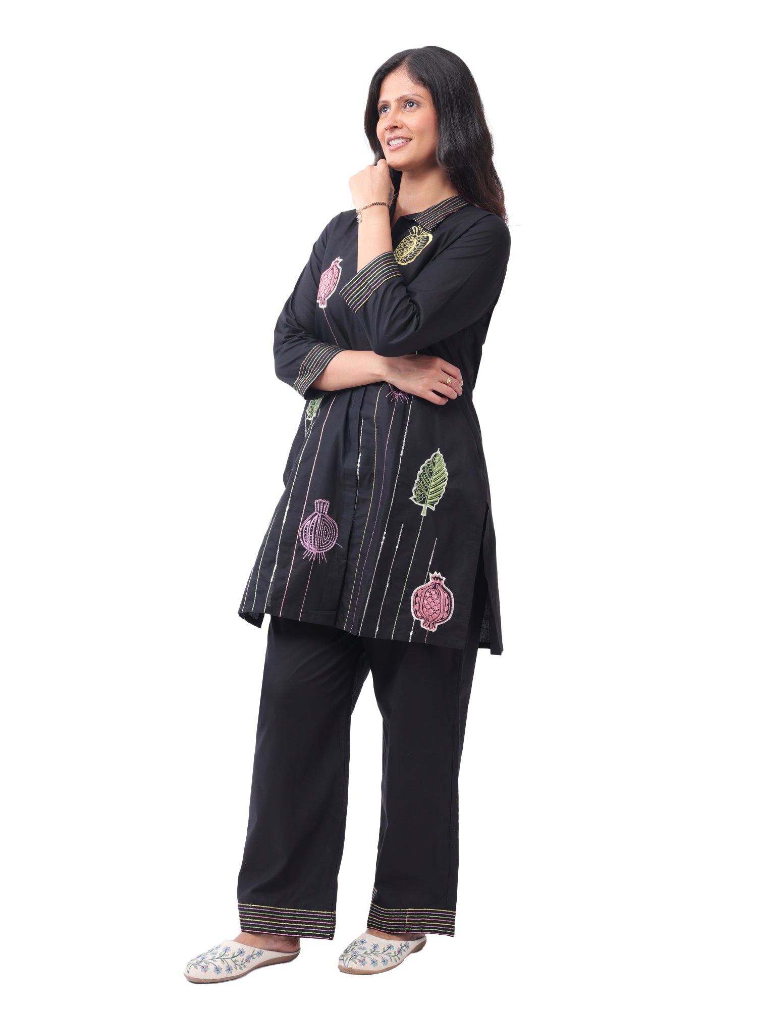 Women's Premium Cotton Printed Co-Ord Set | Collared Straight Kurta with Wide Leg Pants | Black