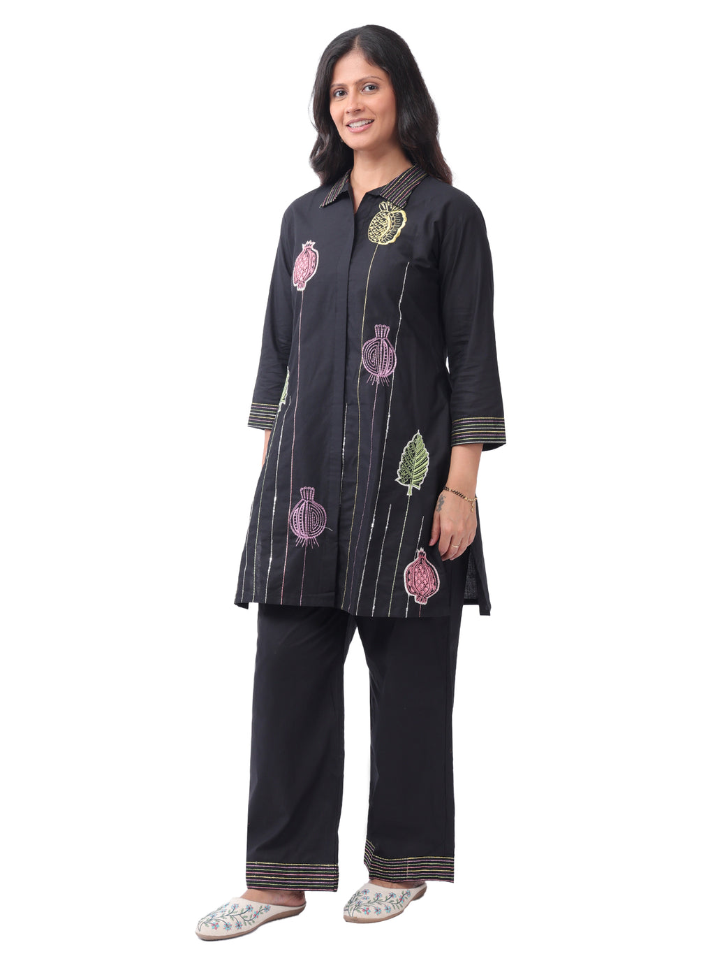 Women's Premium Cotton Printed Co-Ord Set | Collared Straight Kurta with Wide Leg Pants | Black