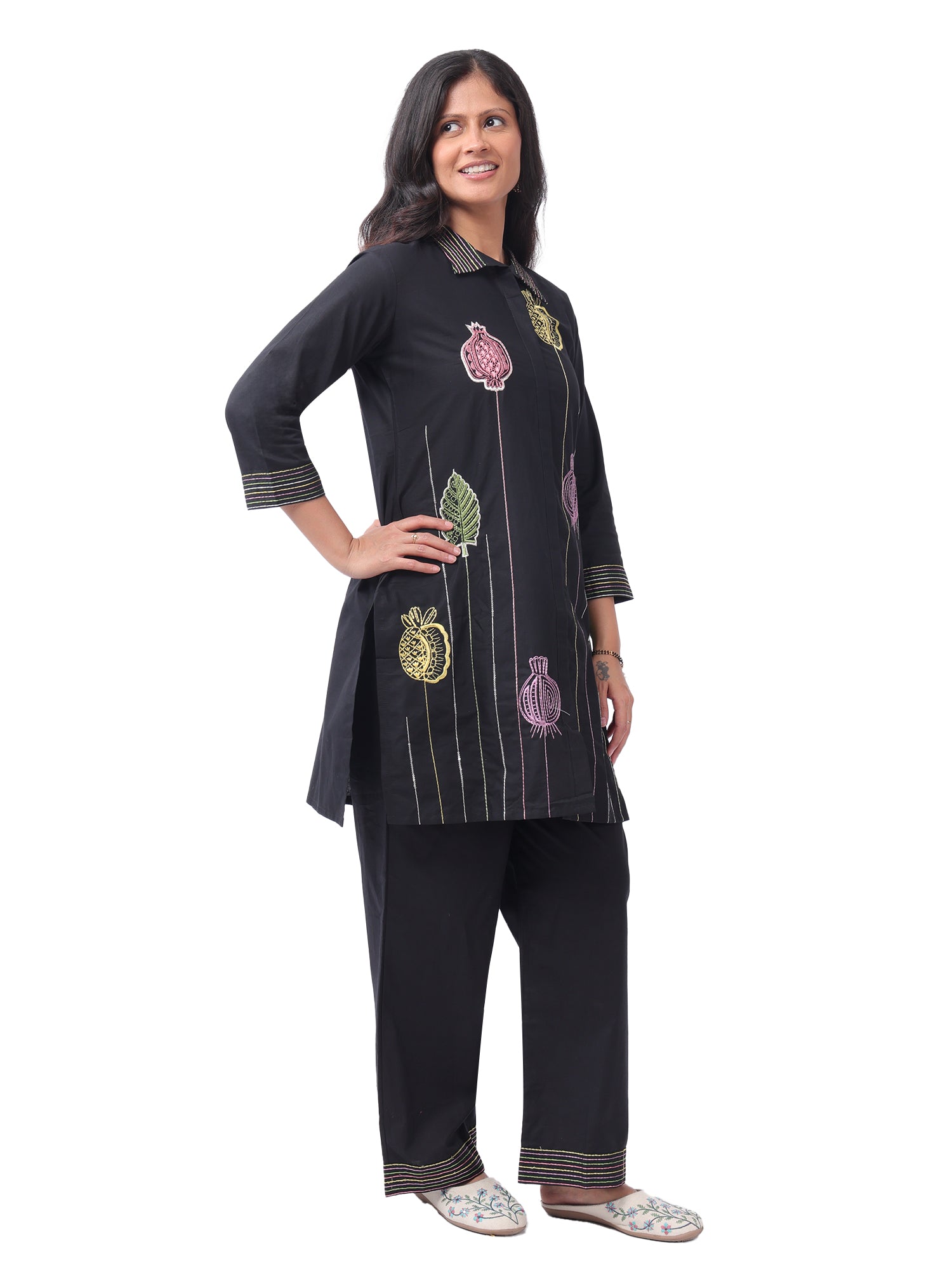 Women's Premium Cotton Printed Co-Ord Set | Collared Straight Kurta with Wide Leg Pants | Black