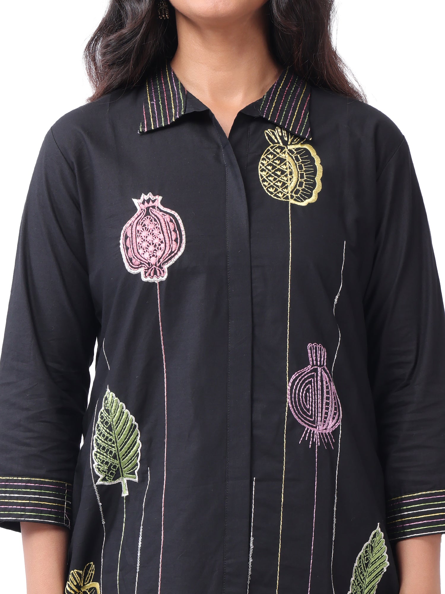 Women's Premium Cotton Printed Co-Ord Set | Collared Straight Kurta with Wide Leg Pants | Black