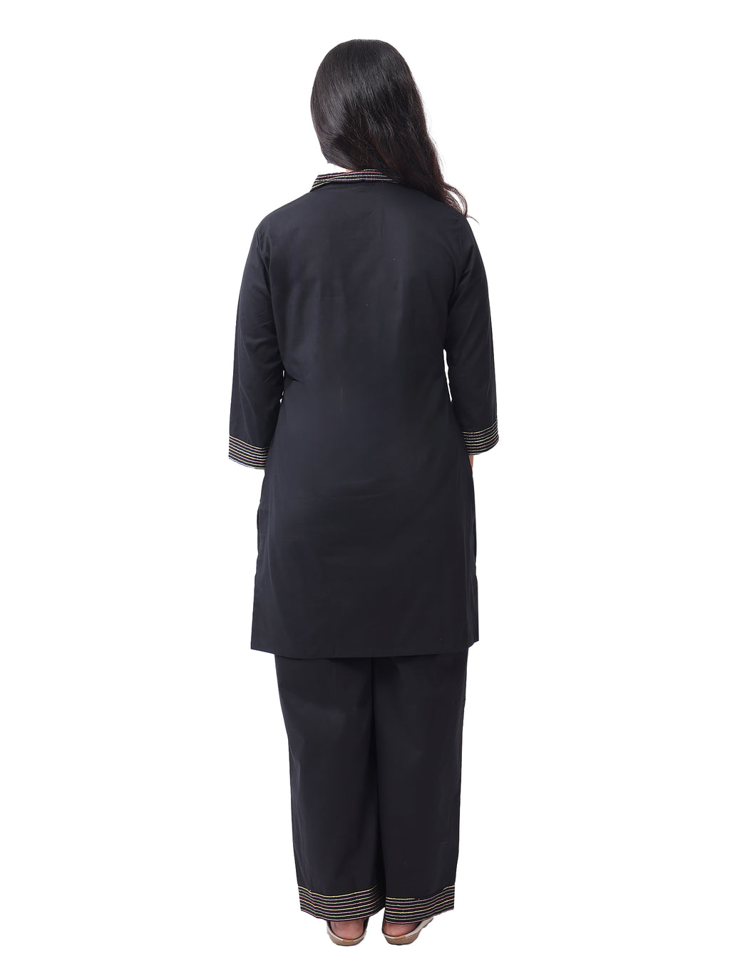 Women's Premium Cotton Printed Co-Ord Set | Collared Straight Kurta with Wide Leg Pants | Black