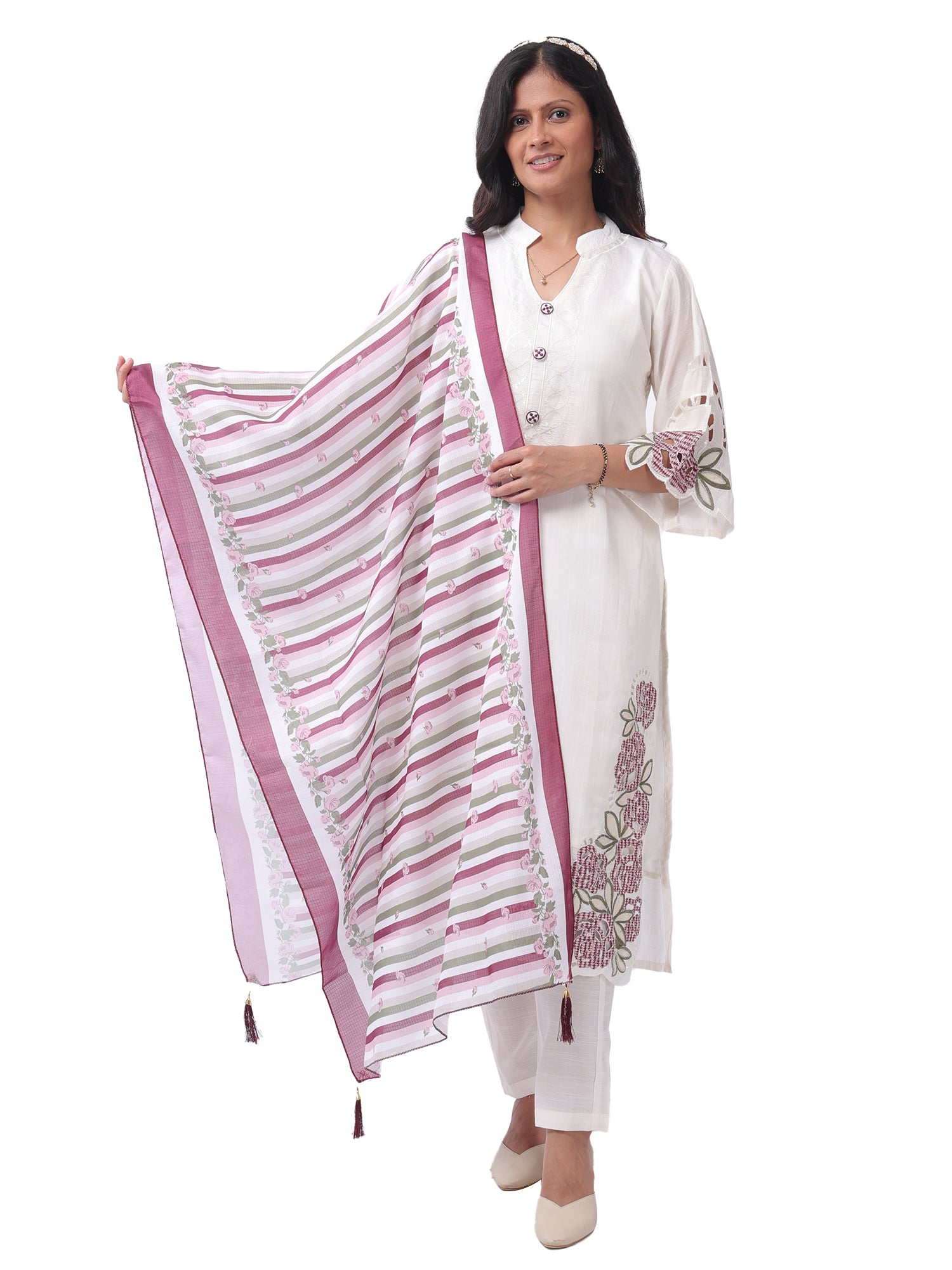 Women's Premium Cotton Embroidered Kurta Pant with Dupatta Set | Floral Embroidery | Off White