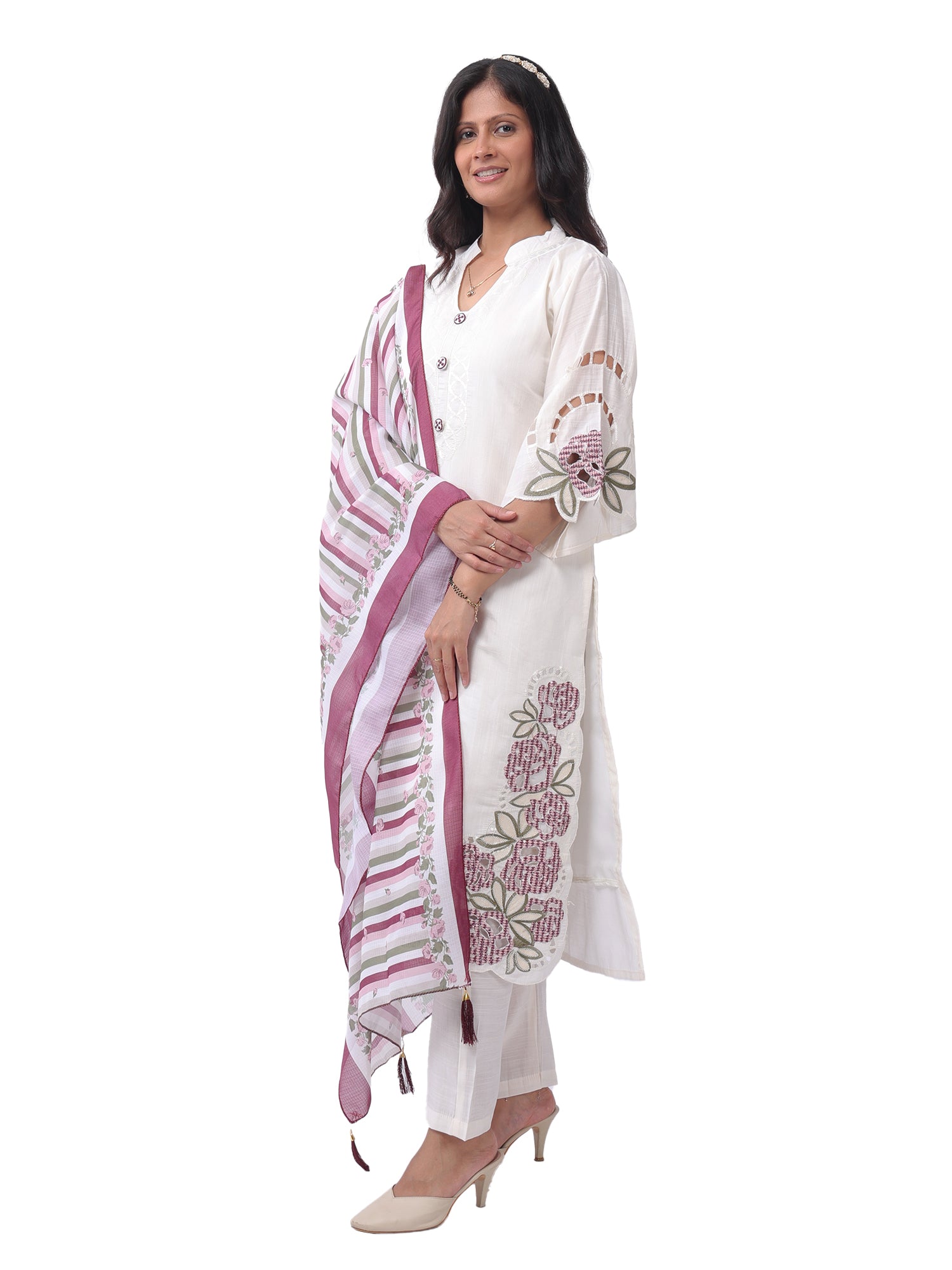 Women's Premium Cotton Embroidered Kurta Pant with Dupatta Set | Floral Embroidery | Off White