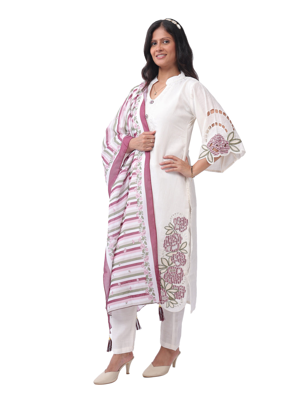 Women's Premium Cotton Embroidered Kurta Pant with Dupatta Set | Floral Embroidery | Off White