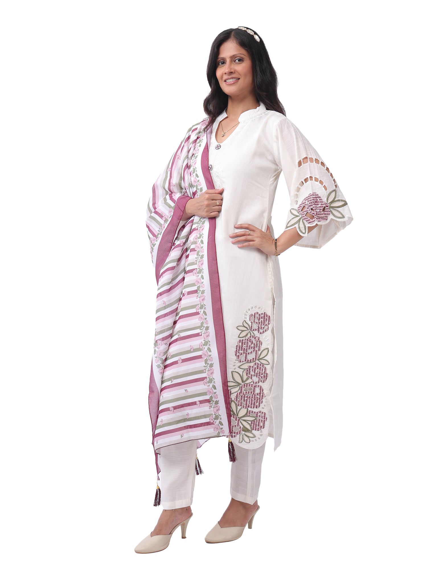 Women's Premium Cotton Embroidered Kurta Pant with Dupatta Set | Floral Embroidery | Off White