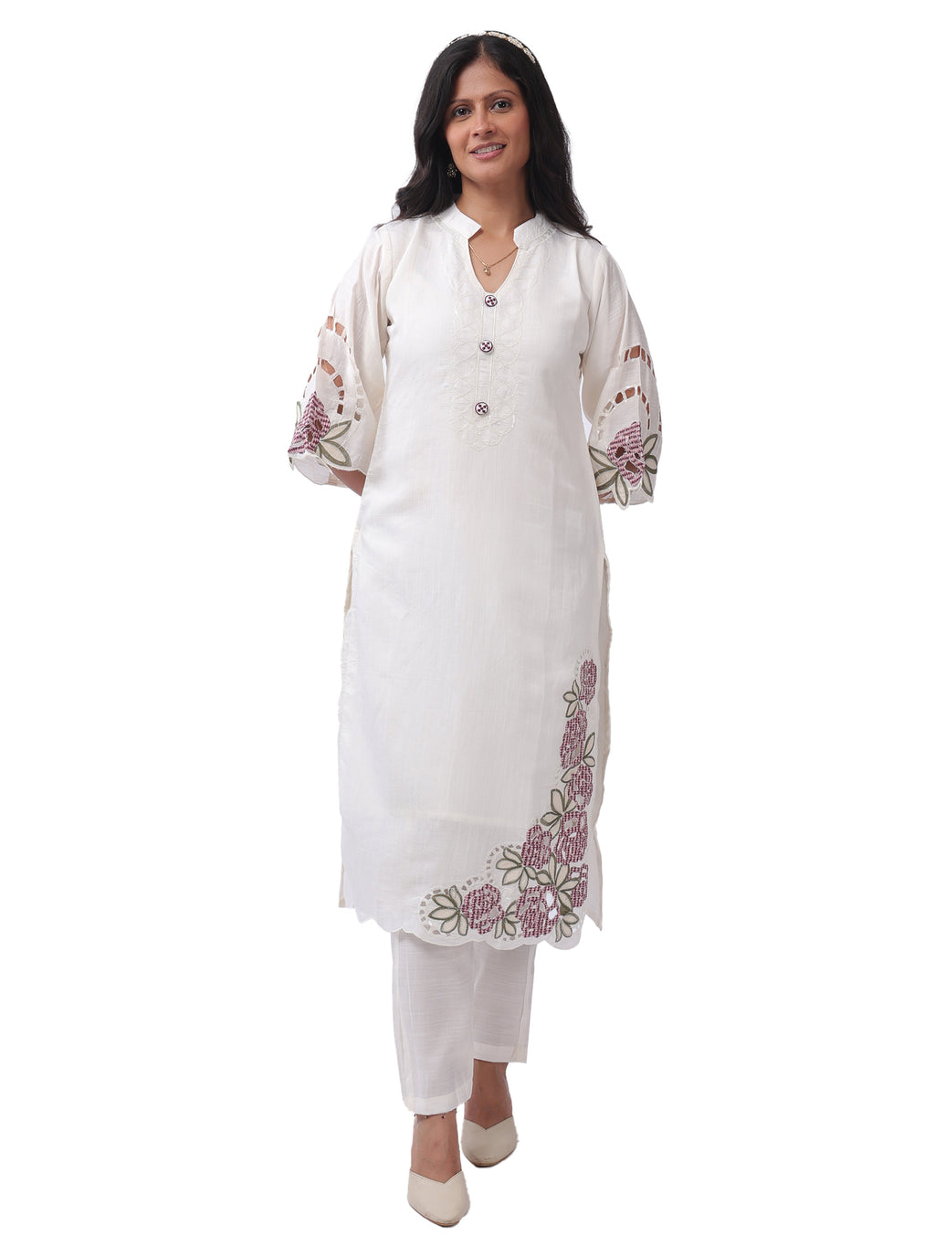Women's Premium Cotton Embroidered Kurta Pant with Dupatta Set | Floral Embroidery | Off White