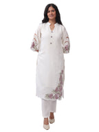 Women's Premium Cotton Embroidered Kurta Pant with Dupatta Set | Floral Embroidery | Off White