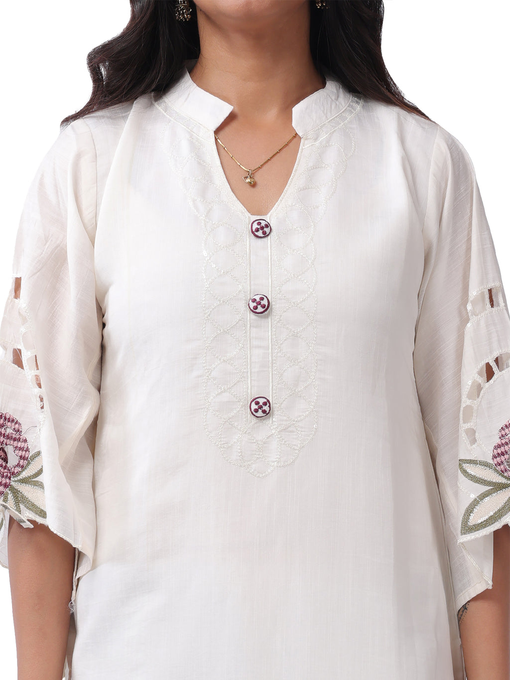 Women's Premium Cotton Embroidered Kurta Pant with Dupatta Set | Floral Embroidery | Off White