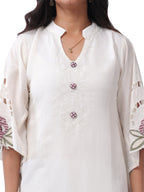 Women's Premium Cotton Embroidered Kurta Pant with Dupatta Set | Floral Embroidery | Off White