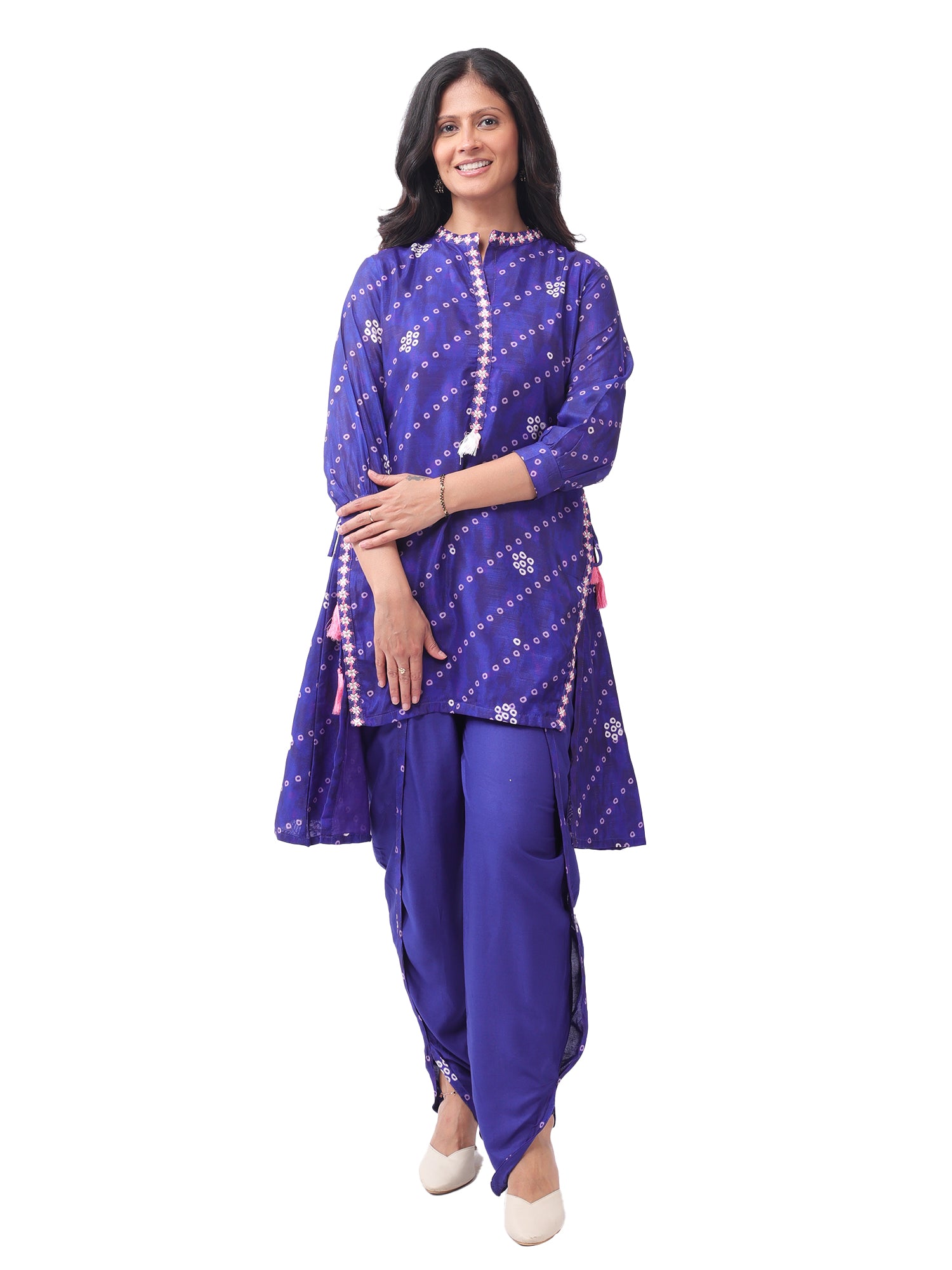 Royal Blue Cotton Bandhani Print Co-Ord Set with Asymmetrical Kurta