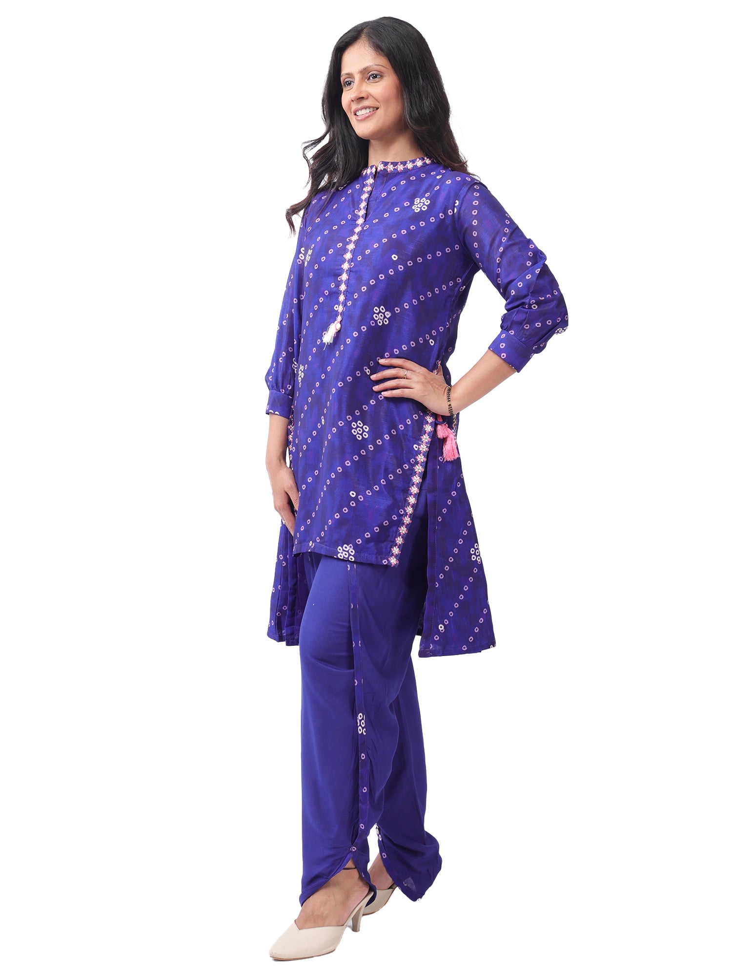 Royal Blue Cotton Bandhani Print Co-Ord Set with Asymmetrical Kurta