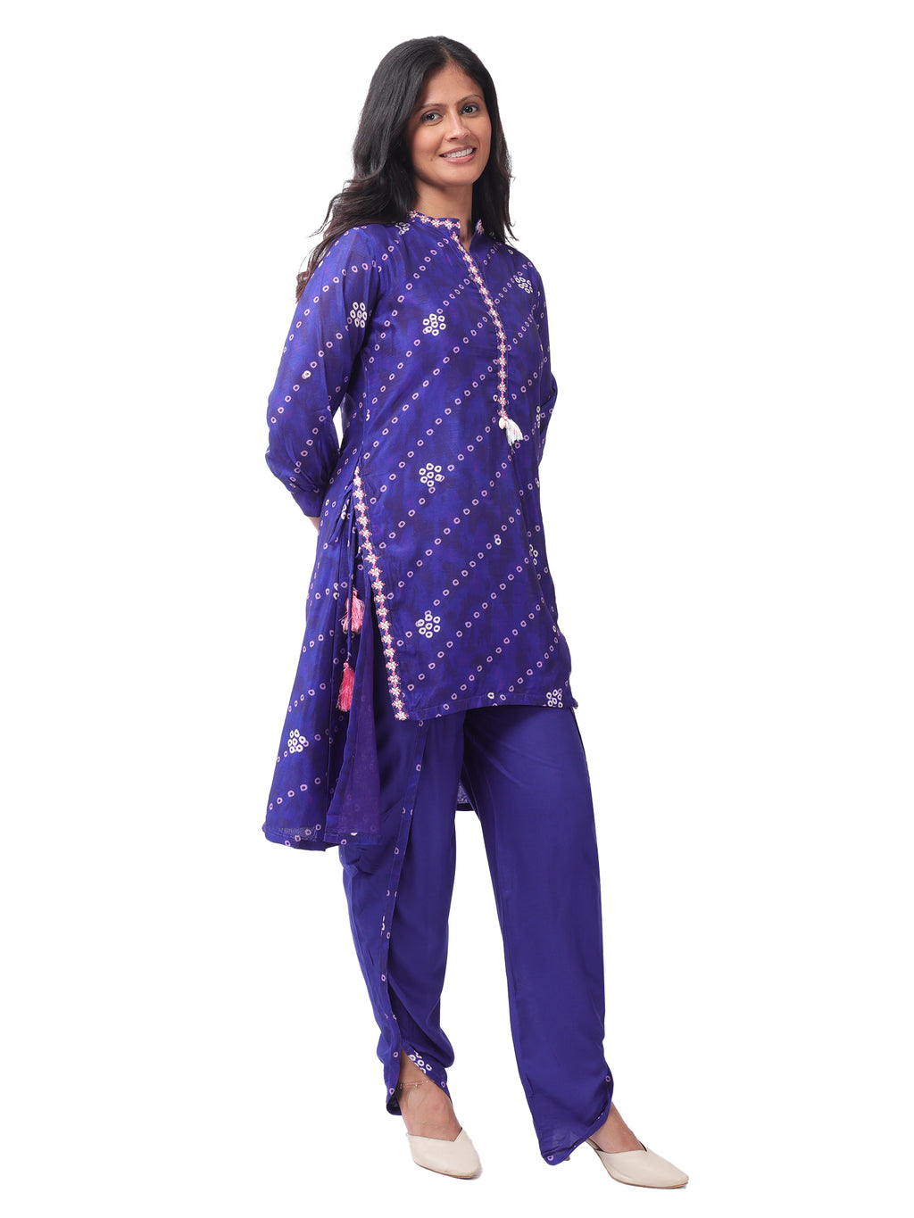 Royal Blue Cotton Bandhani Print Co-Ord Set with Asymmetrical Kurta