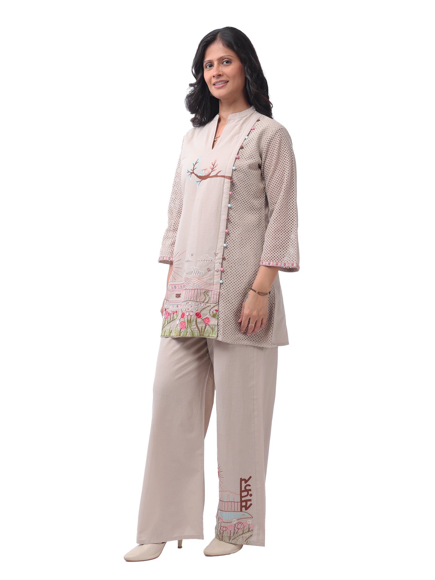 Fash'O'Holic Women's Premium Scenic Print Cotton Beige Co-Ord Set