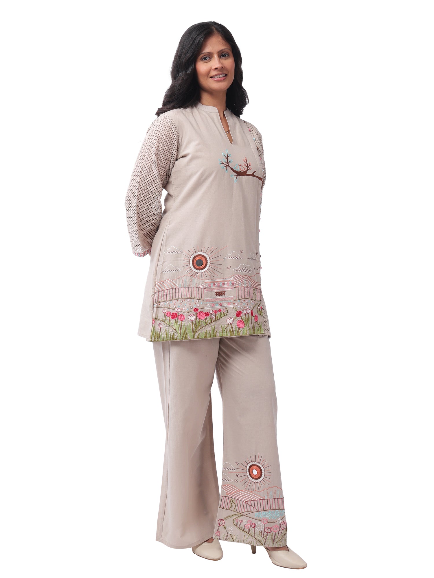 Fash'O'Holic Women's Premium Scenic Print Cotton Beige Co-Ord Set