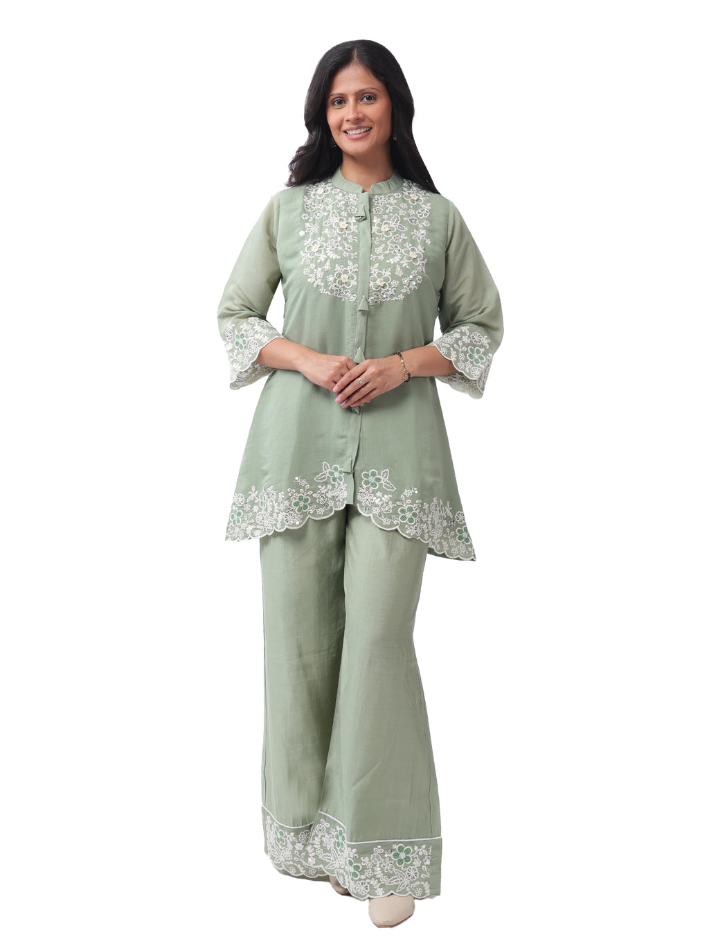 Fash'O'Holic Women's Premium Sage Green Embroidered Silk Co-ord Set
