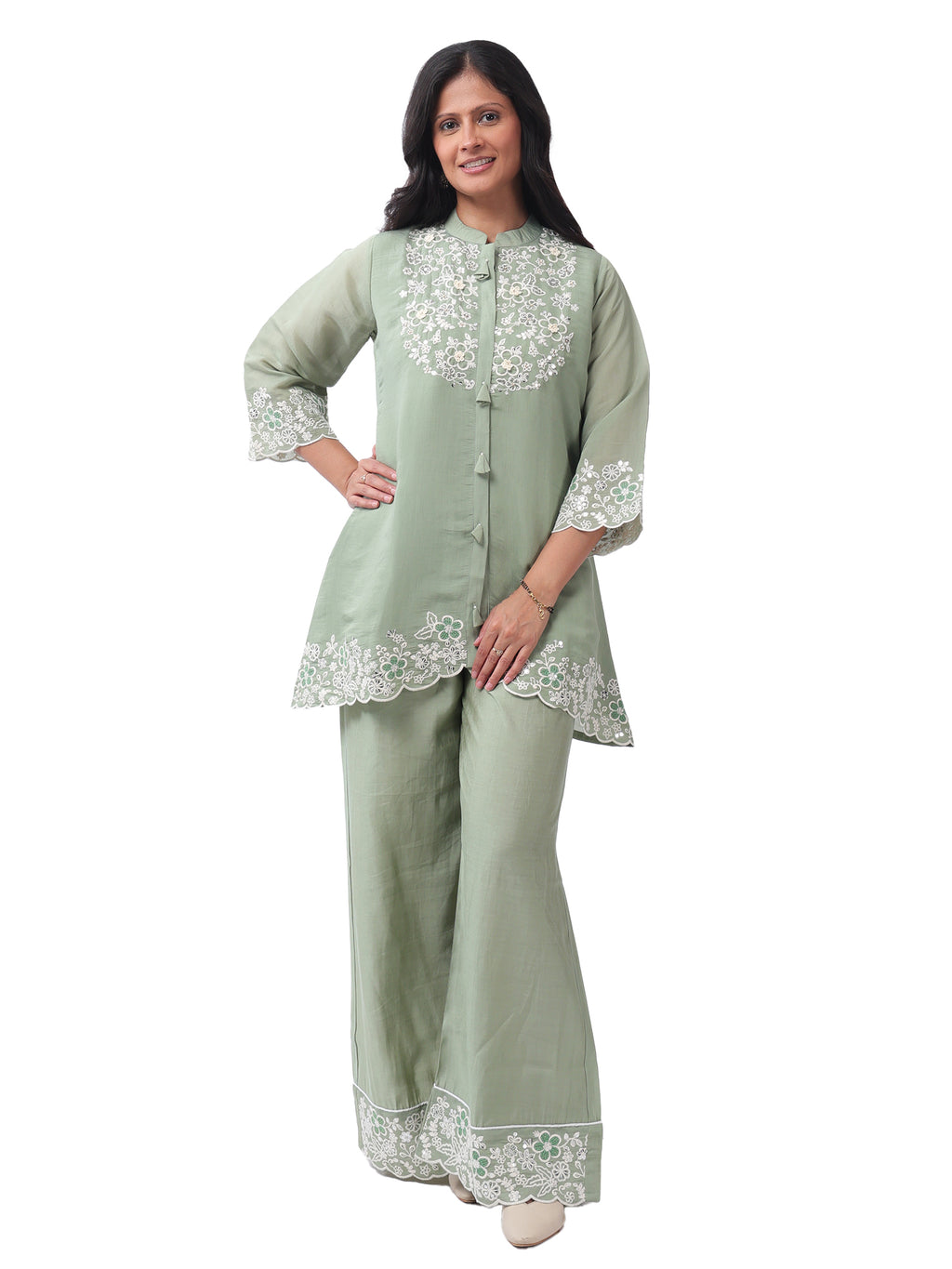 Fash'O'Holic Women's Premium Sage Green Embroidered Silk Co-ord Set