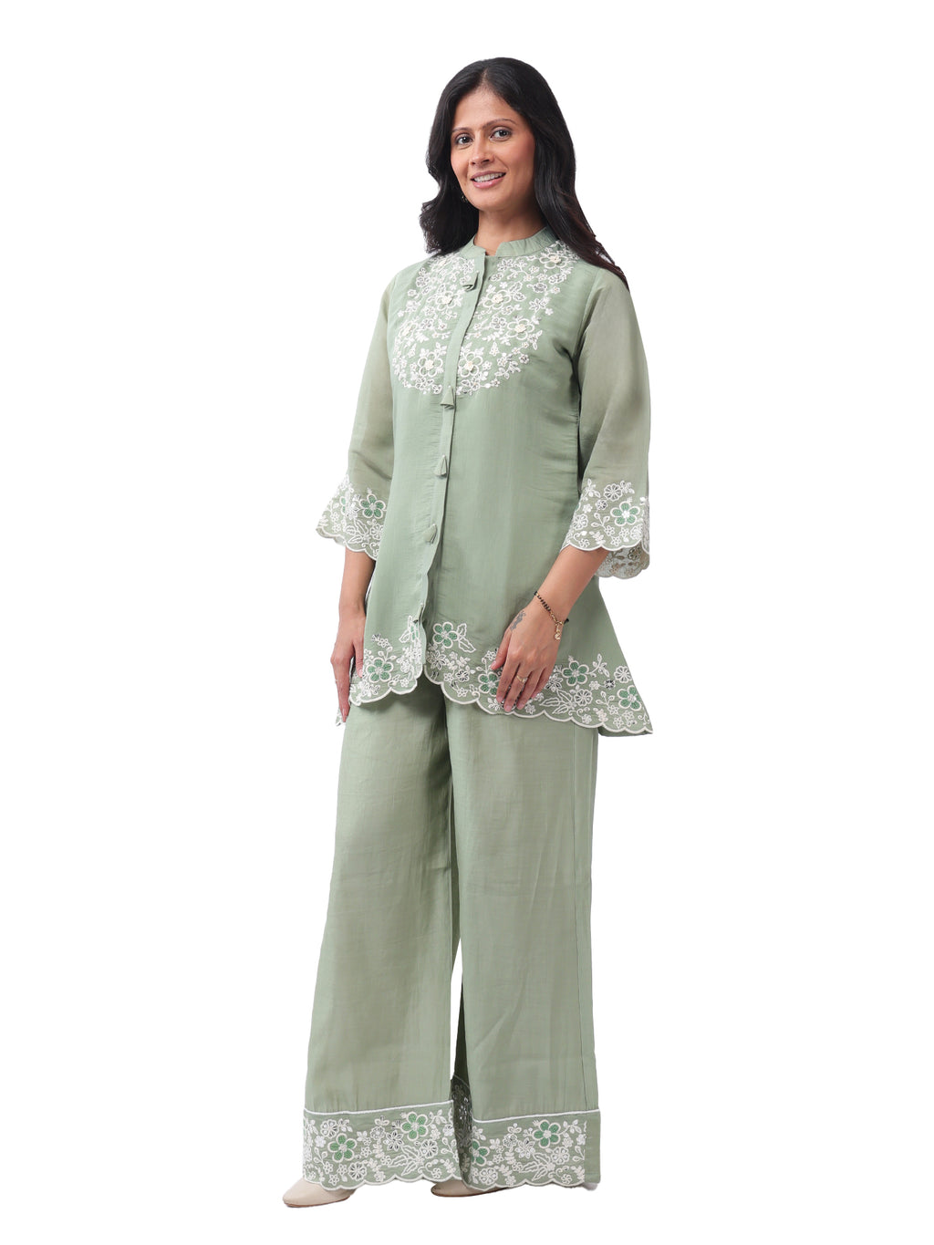Fash'O'Holic Women's Premium Sage Green Embroidered Silk Co-ord Set