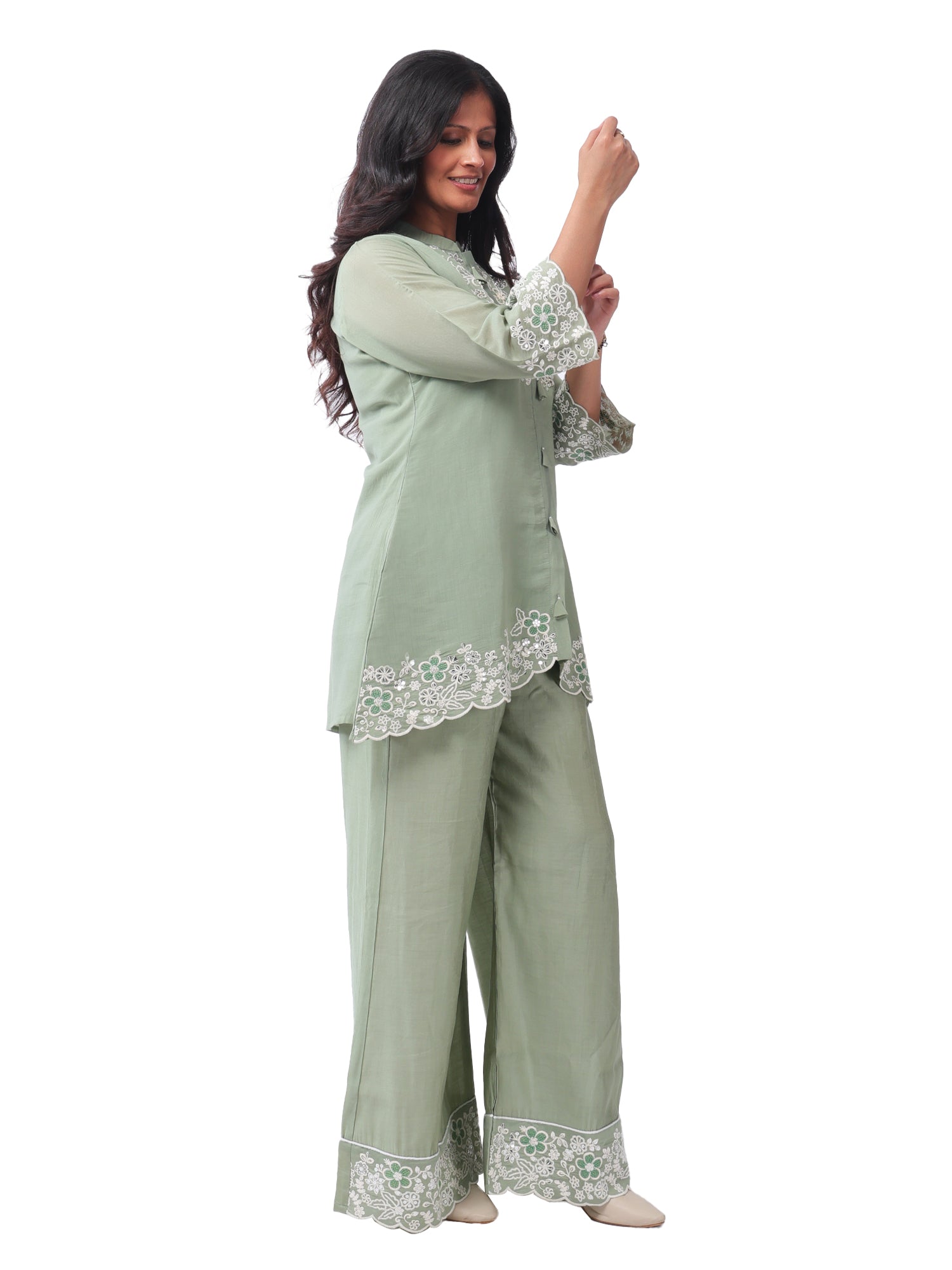 Fash'O'Holic Women's Premium Sage Green Embroidered Silk Co-ord Set