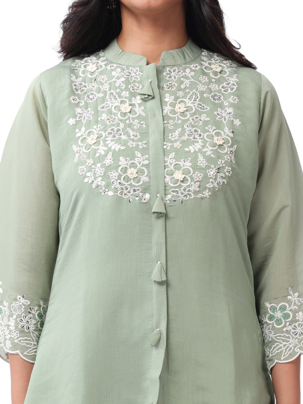 Fash'O'Holic Women's Premium Sage Green Embroidered Silk Co-ord Set