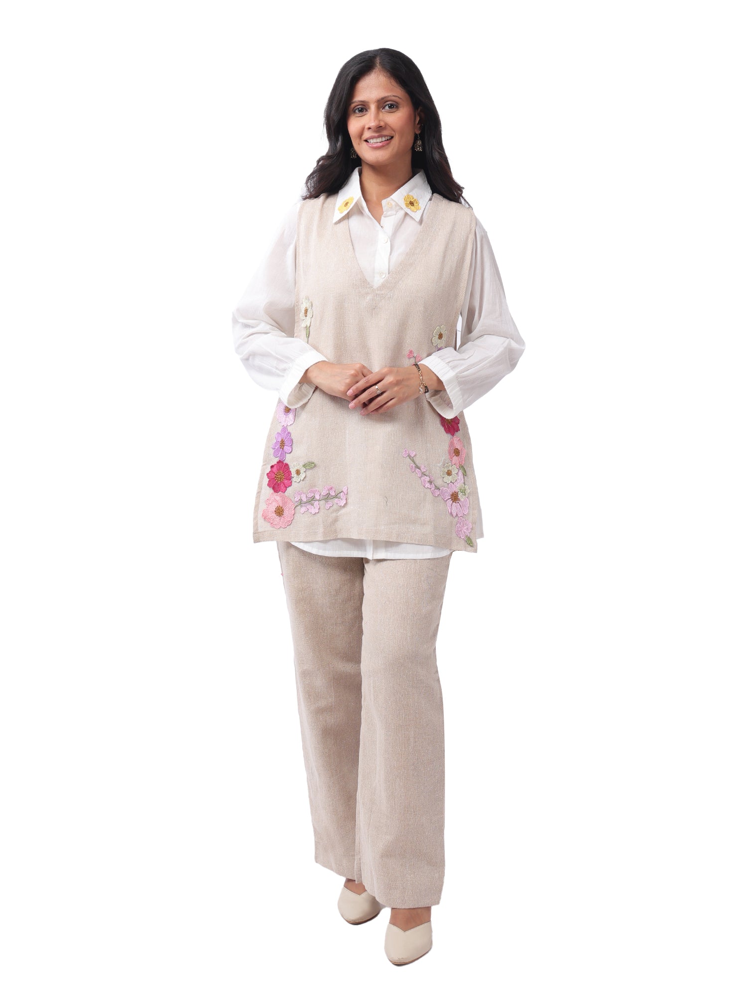 Fash'O'Holic Women's Beige Embroidered Jute Cotton Three Piece Co-Ord Set