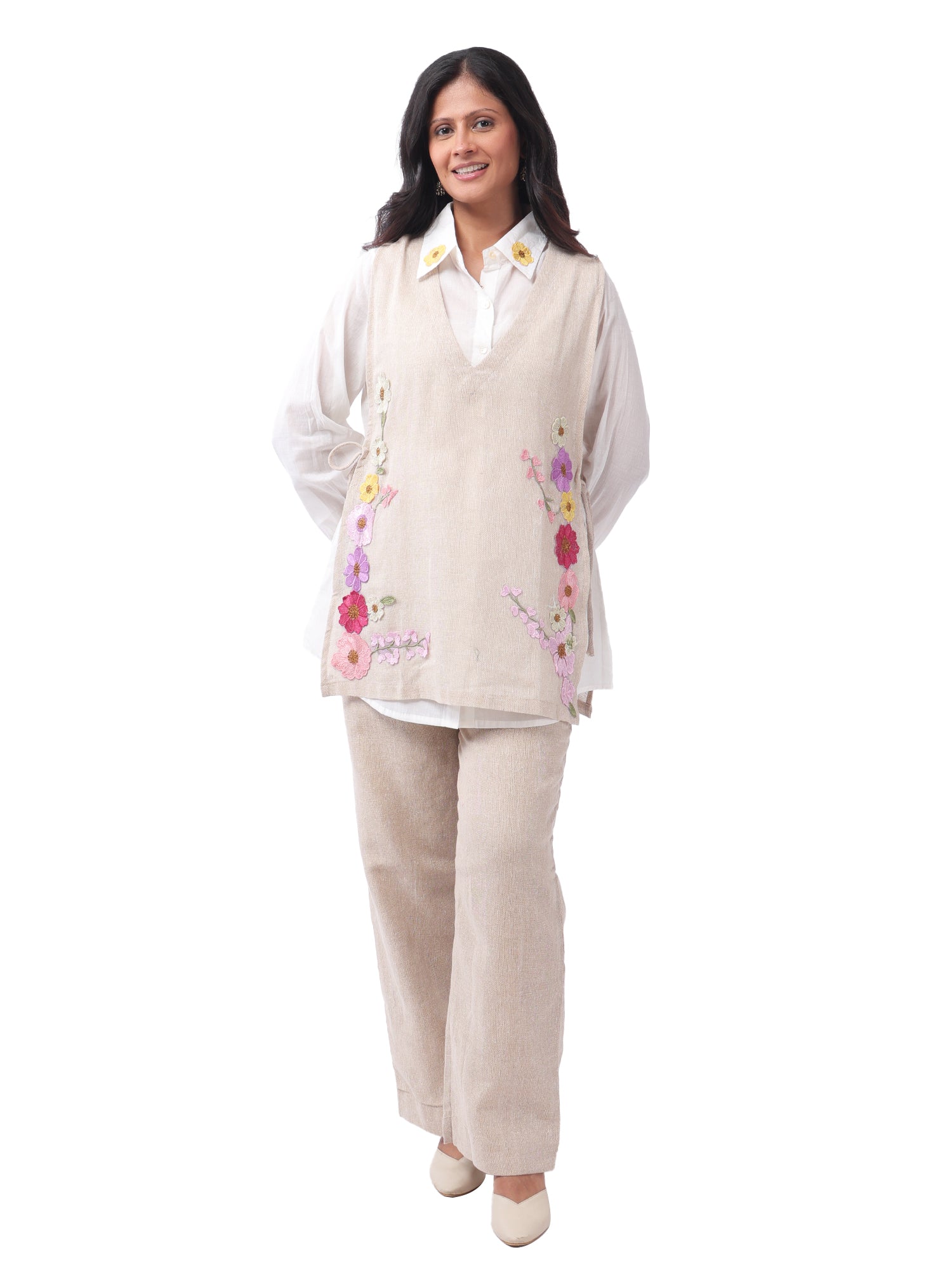 Fash'O'Holic Women's Beige Embroidered Jute Cotton Three Piece Co-Ord Set