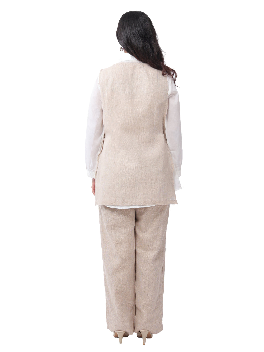 Fash'O'Holic Women's Beige Embroidered Jute Cotton Three Piece Co-Ord Set